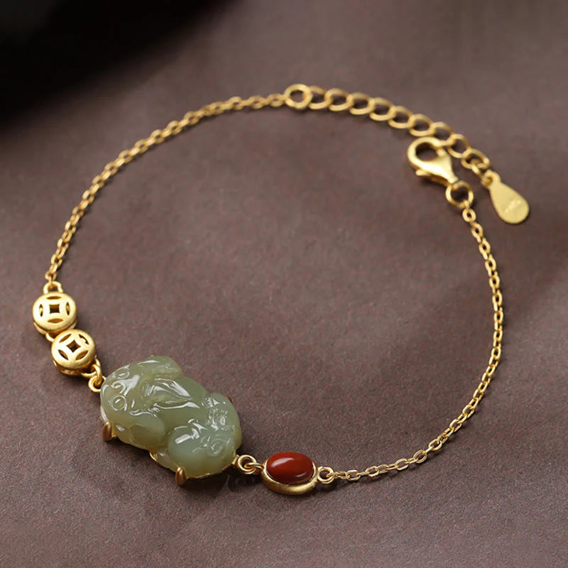 Buddha Stones Cyan Jade PiXiu Copper Coin Red Agate Success Chain Bracelet