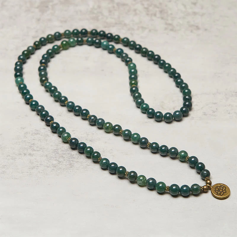Buddha Stones Lotus Symbol Charm Round Bead Moss Agate Healing Mala