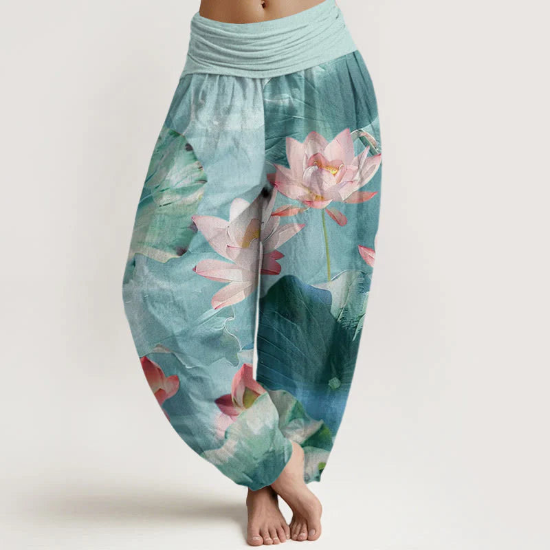 Buddha Stones Cotton Casual Lotus Petal Pond Pattern Women's Elastic Waist Harem Pants