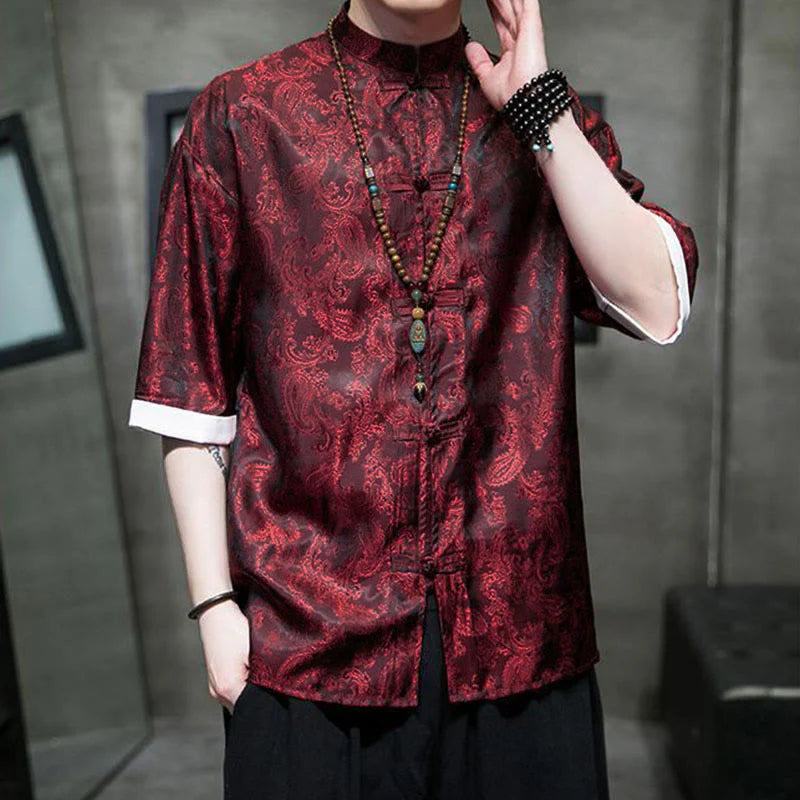 Buddha Stones Summer Cashew Flowers Pattern Men's Frog-Button Half Sleeve Shirts
