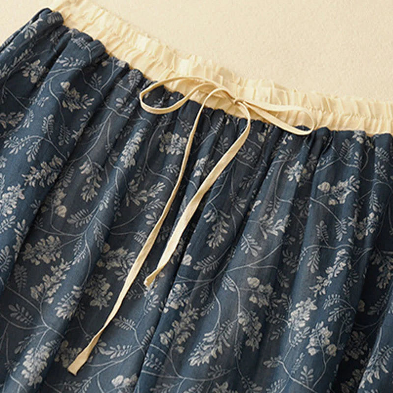 Buddha Stones Floral A-line Elastic Waist Cotton Linen Women's Skirt With Pockets