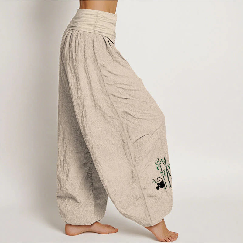 Buddha Stones Panda Bamboo Leaves Pattern Pure Cotton Women's Elastic Waist Harem Pants