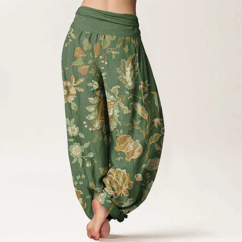 Buddha Stones Cotton Casual Blooming Flowers Buds Design Women's Elastic Waist Harem Pants