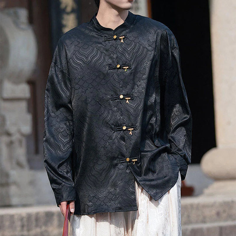 Buddha Stones Chinese Frog-Button Bamboo Shape Design Stand Collar Men's Long Sleeve Shirt