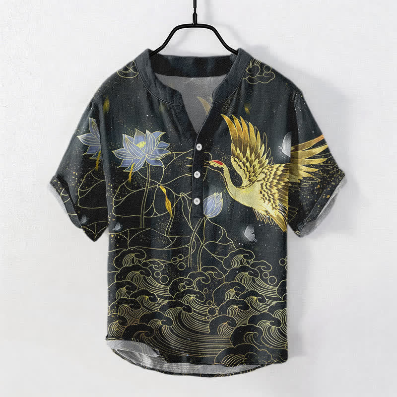 Buddha Stones Cotton Crane Wave Lotus Cloud Pattern Men's Short Sleeve Half Button Shirt