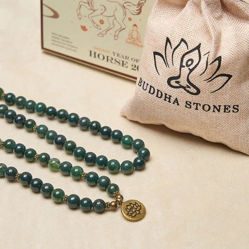 Buddha Stones Lotus Symbol Charm Round Bead Moss Agate Healing Mala