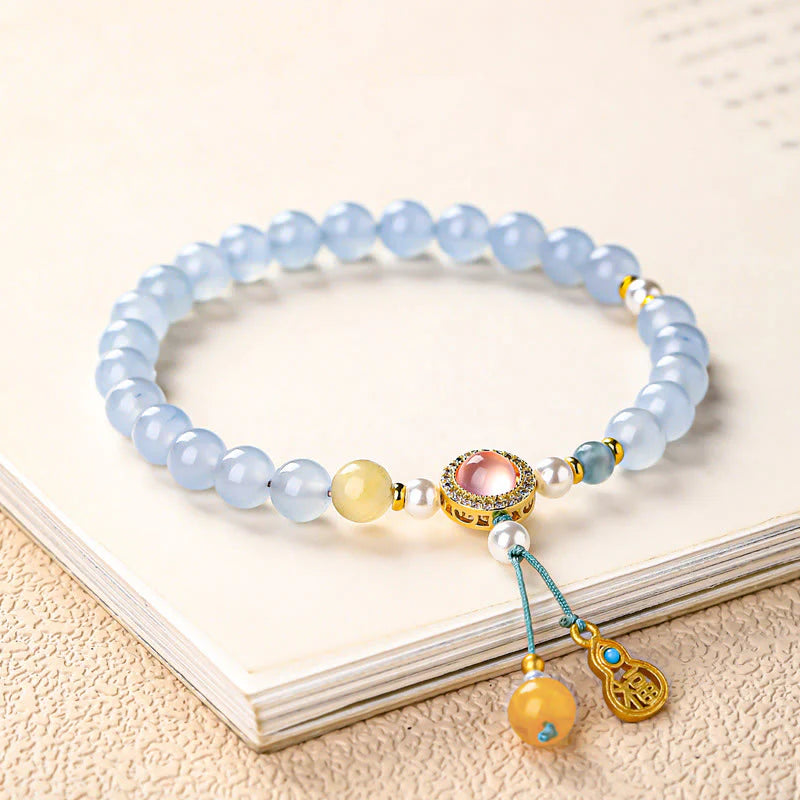 Buddha Stones Blue Chalcedony Fu Character Cat Paw Healing Bracelet