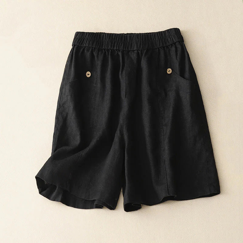 Buddha Stones Summer Casual Buttons Plain Cotton Women's Shorts With Pockets