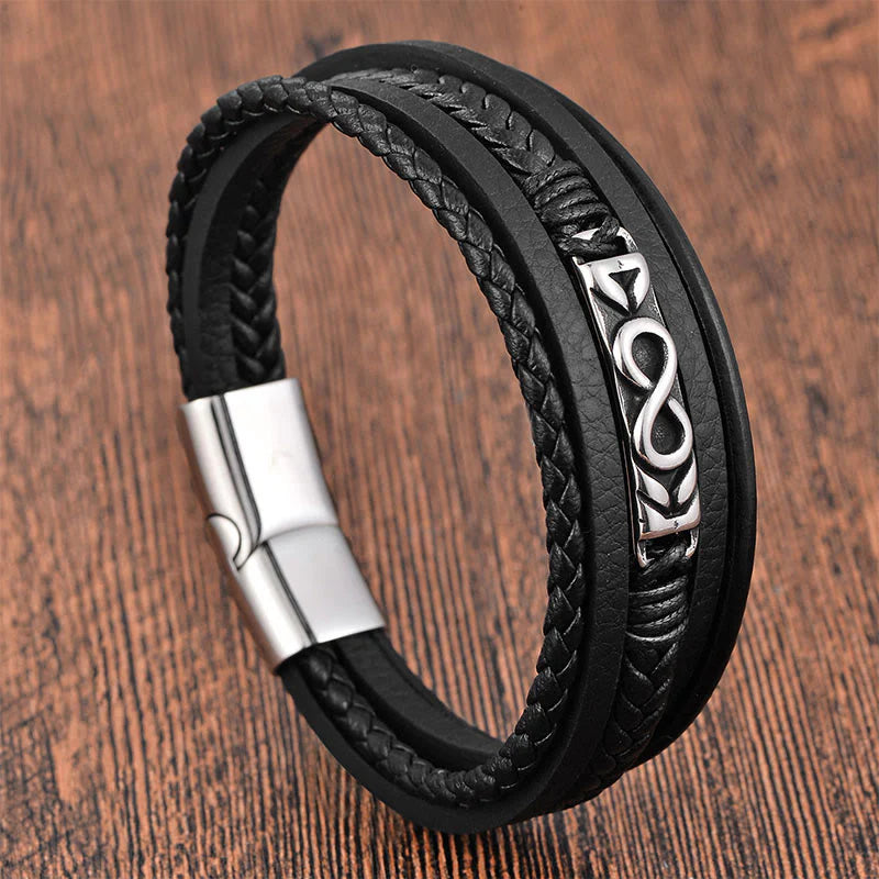 Buddha Stones Titanium Steel Balance Multi-Layered Leather Figure-Eight Bracelet