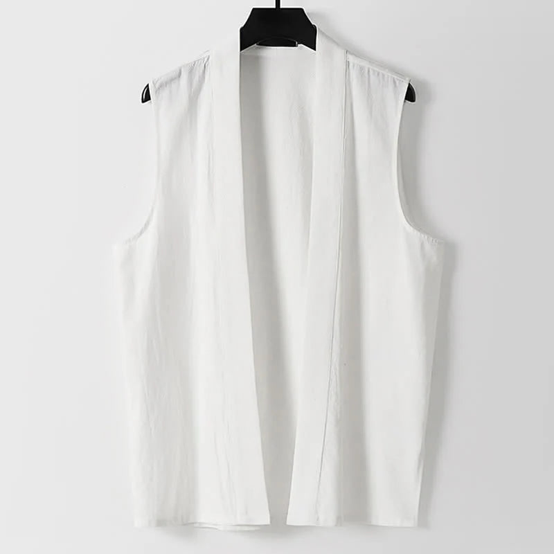 Buddha Stones Spring Pure Color Open Front Design Men's Cotton Linen Sleeveless Kimono