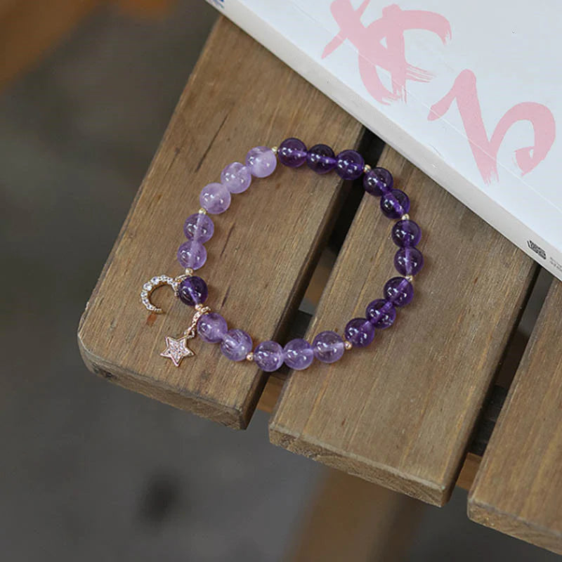 Buddha Stones Amethyst Crystal Moon Star Healing Bracelet