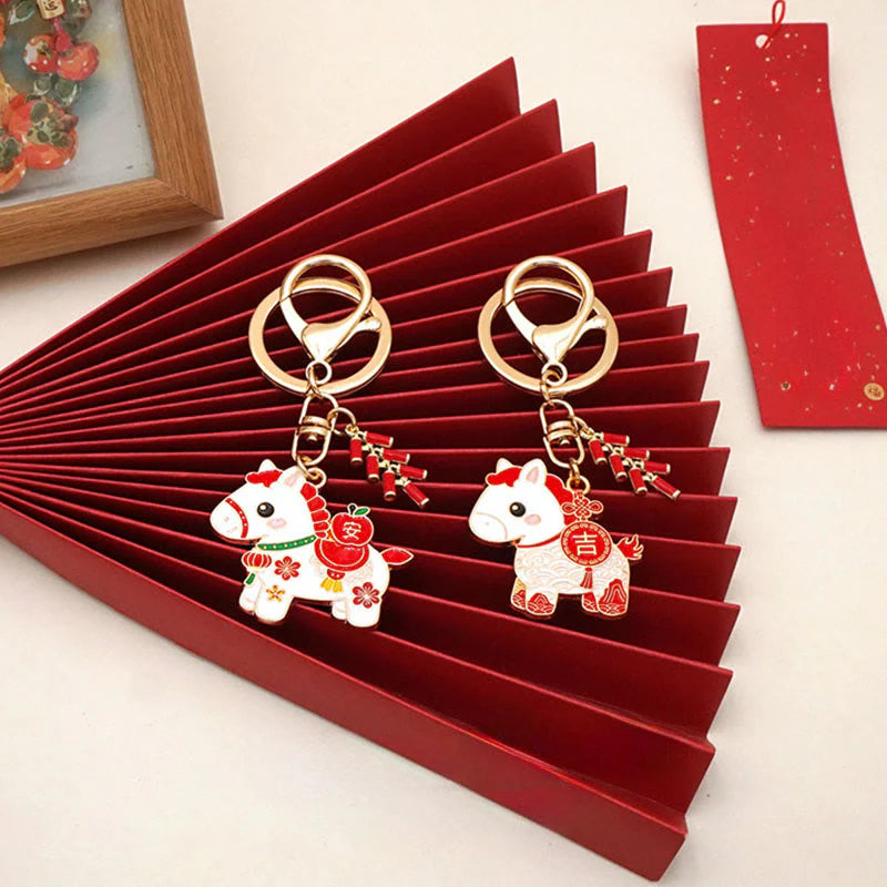 Buddha Stones Hoping You Have a Joyful Year Year of the Horse Ingot Red Firecrackers Alloy Key Chain Includes Gift Message Card