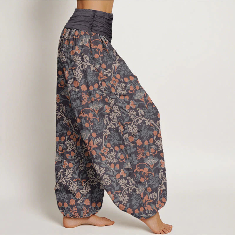Buddha Stones Cotton Casual Flower Vine Leaves Pattern Women's Elastic Waist Harem Pants