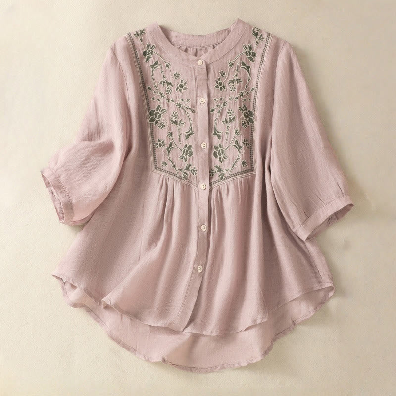 Buddha Stones Embroidery Single Breasted Women's Cotton Linen Three Quarter Sleeve Shirt