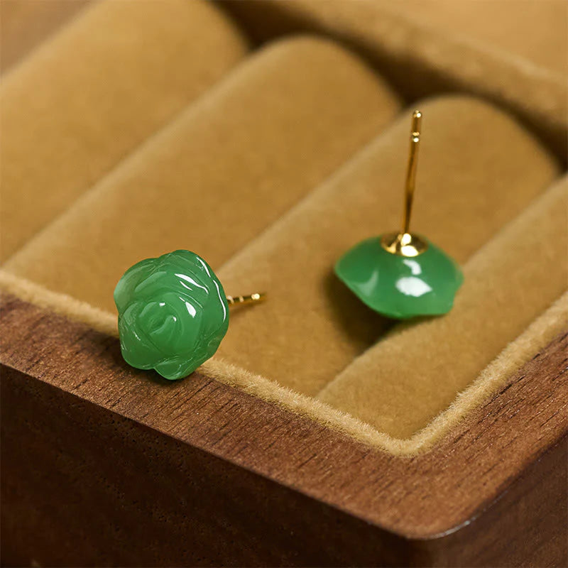 Buddha Stones 925 Sterling Silver Green Chalcedony Rose Strength Courage Earrings