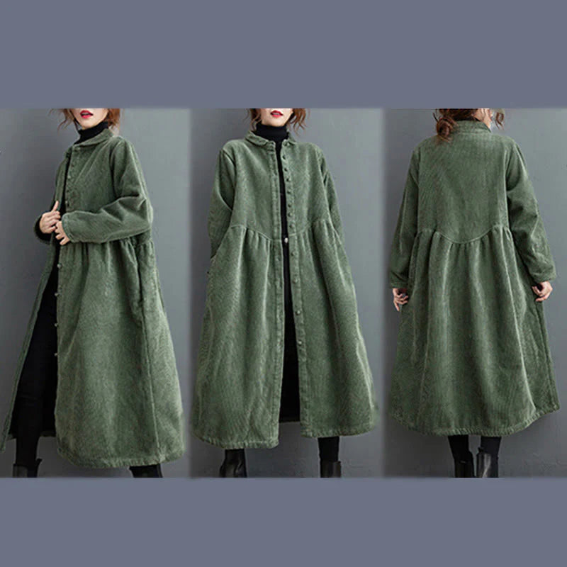 Buddha Stones Plain Buttons Long Sleeve Women's Cotton Corduroy Fleece-Lined Coat With Pockets