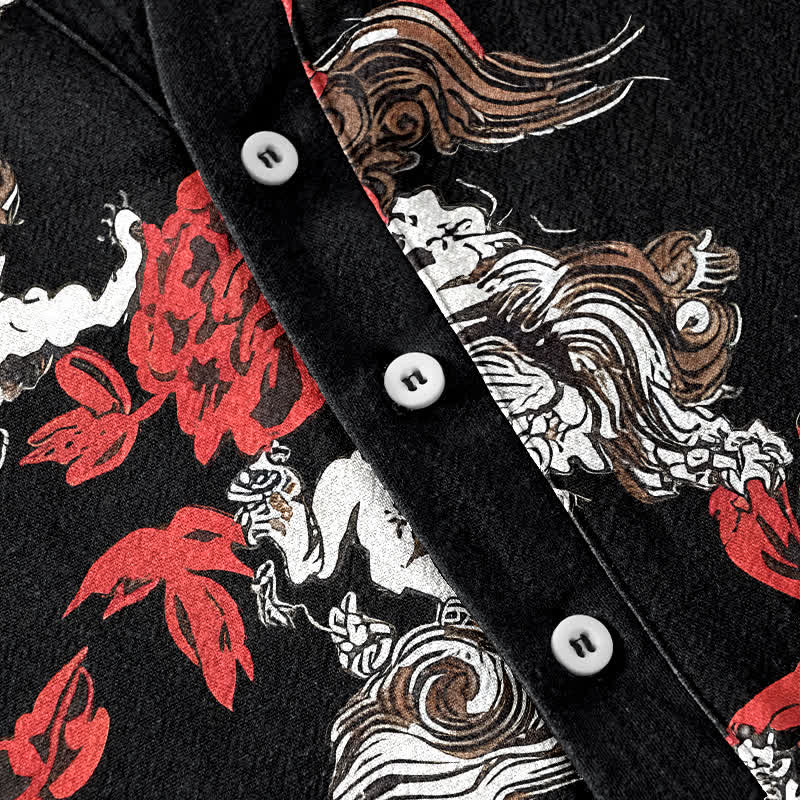 Buddha Stones Cotton Red Floral Cloud Print Henley Men's Short Sleeve Half Button Shirt