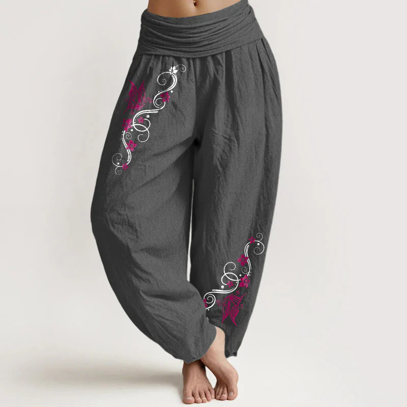 Buddha Stones Pure Cotton Softly Colored Butterfly Flower Vine Pattern Women's Elastic Waist Harem Pants