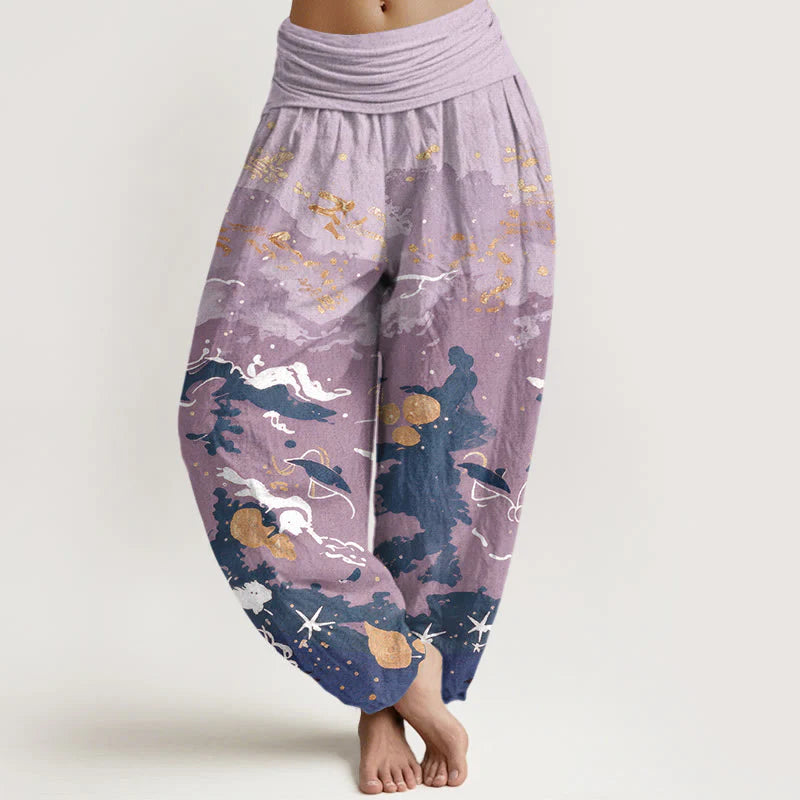 Buddha Stones Cotton Waves Sky Pattern Women's Elastic Waist Harem Pants