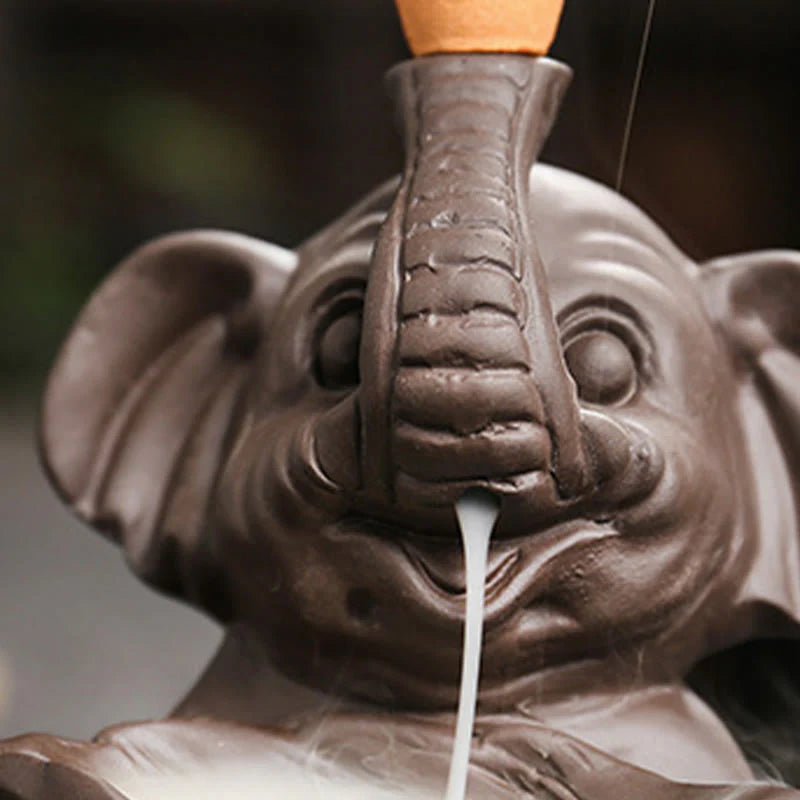 Buddha Stones Little Elephant Holding Leaf Purple Clay Backflow Smoke Fountain Healing Incense Burner Decoration
