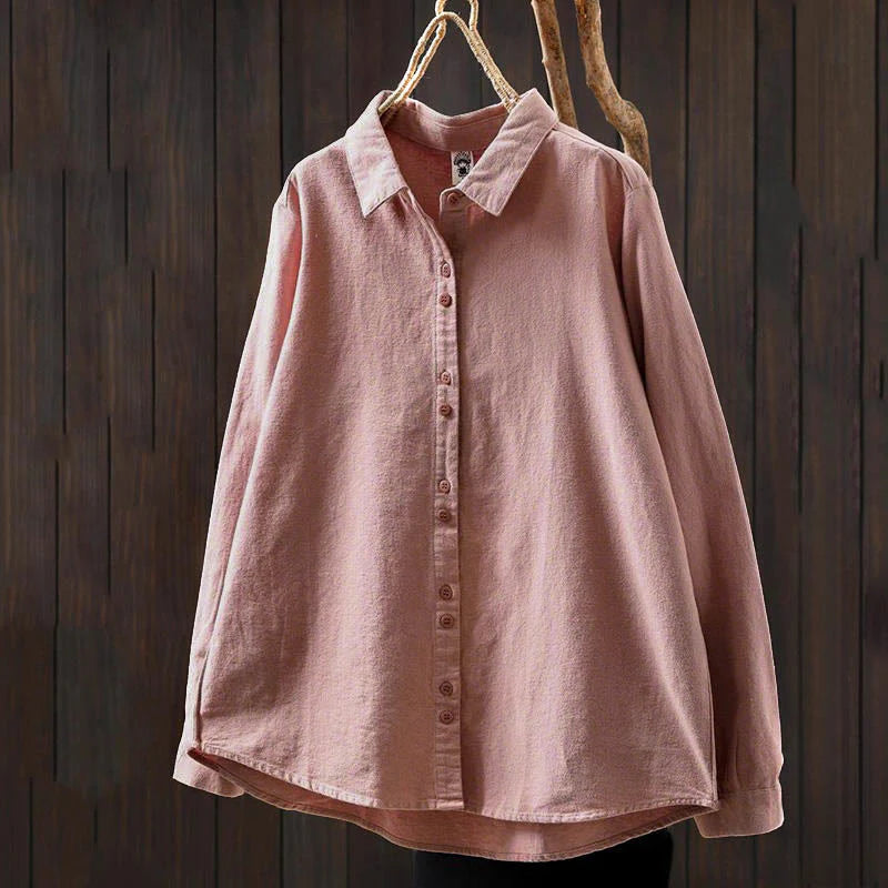 Buddha Stones Fall Solid Color Button Down Stand Collar Long Sleeve Women's Cotton Shirt