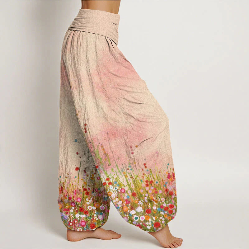 Buddha Stones Cotton Casual Colorful Wildflower Field Pattern Women's Elastic Waist Harem Pants