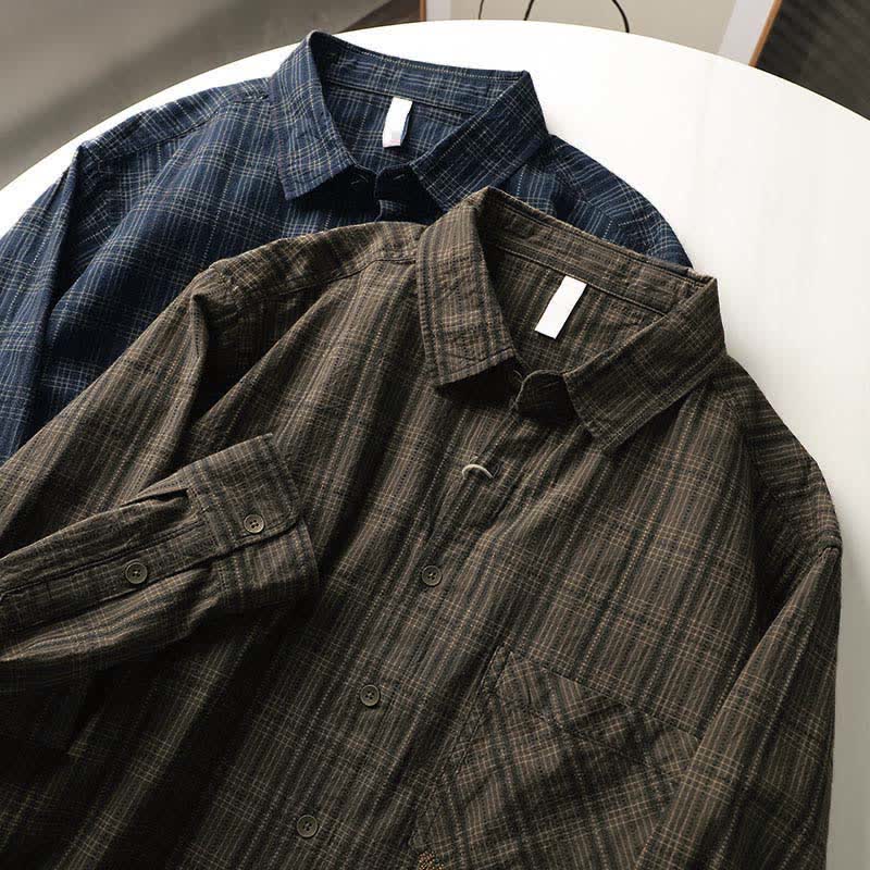 Buddha Stones Fall Commute Embroidery Plaid Pattern Men's Cotton Long Sleeve Shirts With Pocket