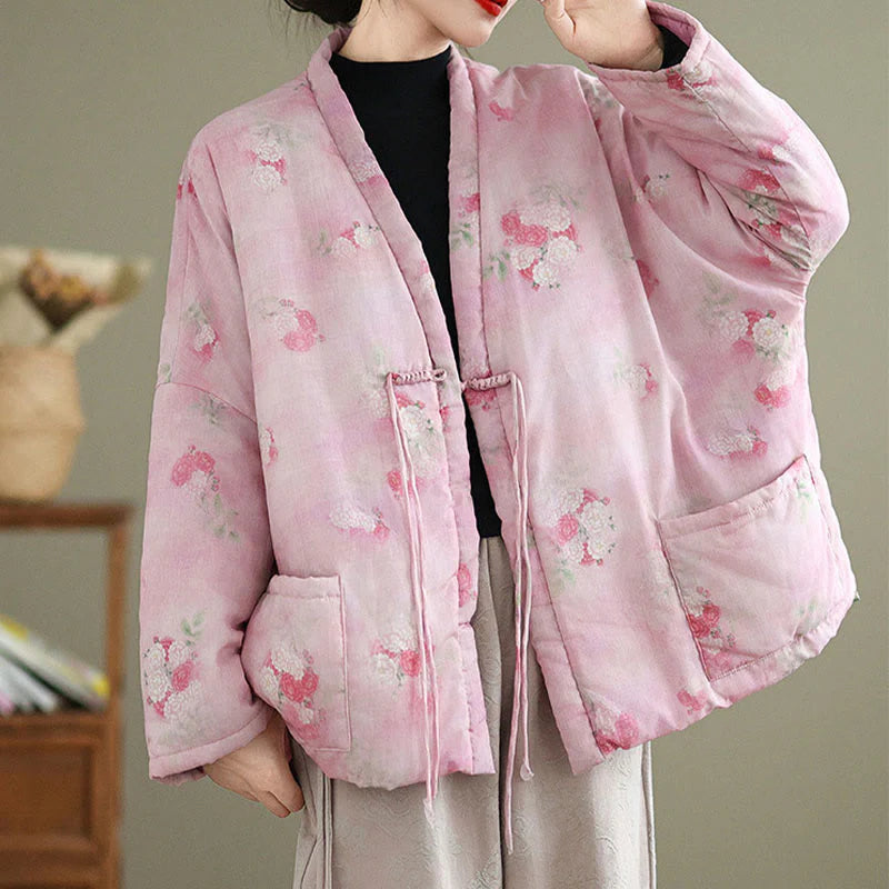Buddha Stones Printed Flowers Women's Long Sleeve Jacket With Pockets