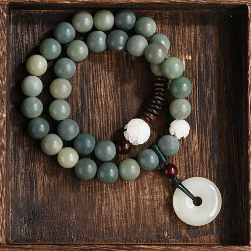Buddha Stones Cyan Bodhi Seed Lotus Jade Peace Buckle Wisdom Double Wrap Bracelet