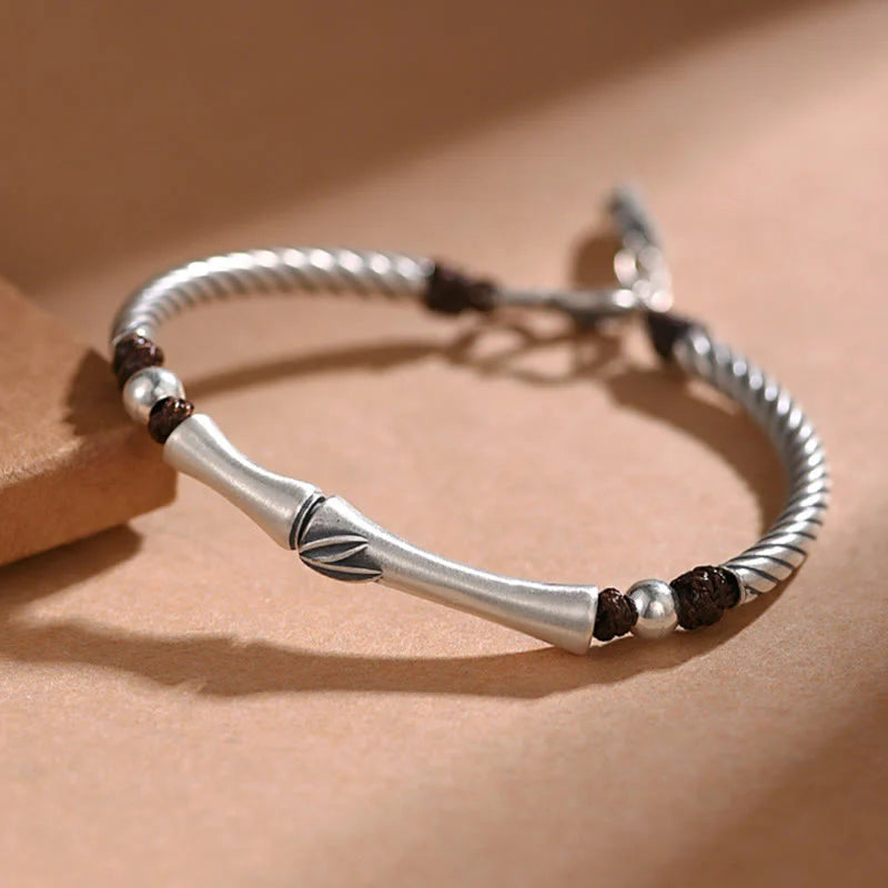 Buddha Stones 999 Sterling Silver Bamboo Pattern Cicada Luck Wealth Bracelet