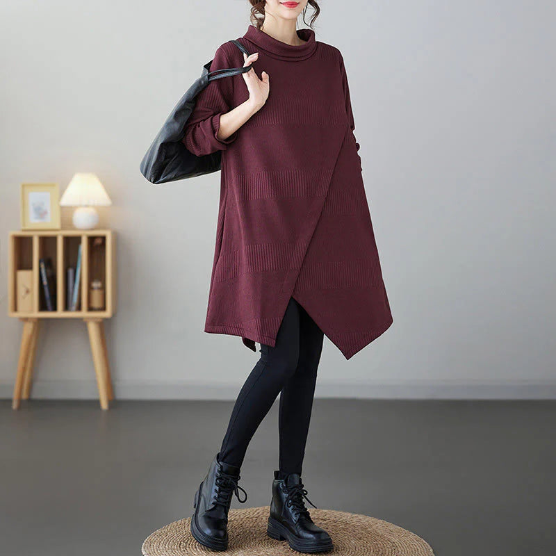 Buddha Stones Winter Irregular Hem Design Mock Neck Long Sleeve Midi Dress With Pockets