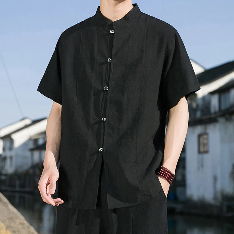 Buddha Stones Summer Solid Color Front Button Design Men's Half Sleeve Cotton Shirt