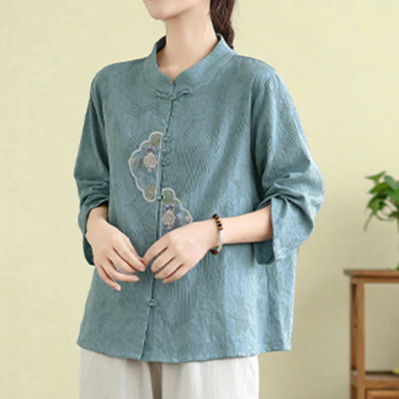 Buddha Stones Flower Embroidery Jacquard Three Quarter Sleeve Frog-Button Cotton Women's Shirt