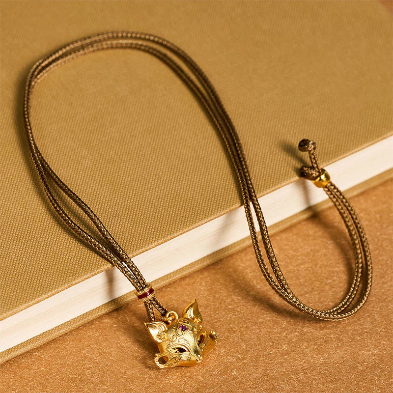 Buddha Stones 24k Gold Plated Brass Fox Charm Texture Rope Necklace Pendant