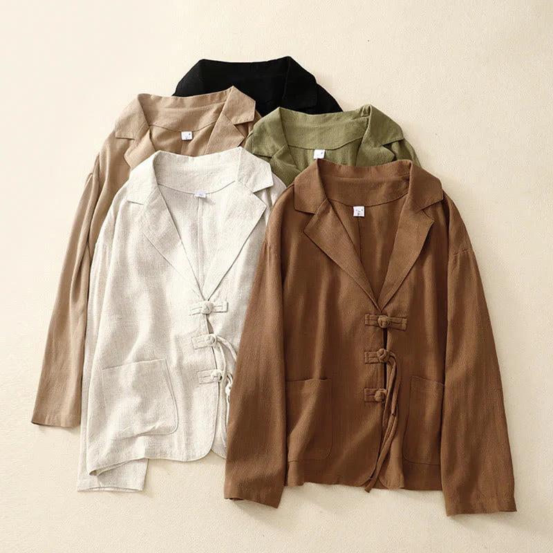 Buddha Stones Women's Cotton Linen Frog-Button Long Sleeve Jacket With Pockets