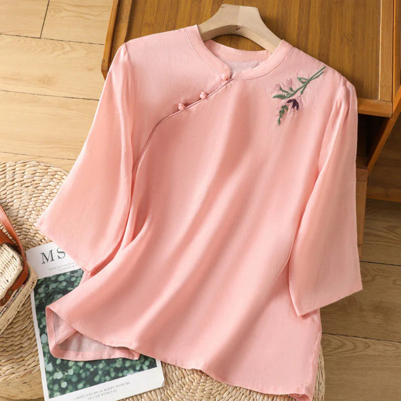 Buddha Stones Casual Women's Flowers Leaves Embroidery Pattern Frog-Button Crew Neck Design Half Sleeve Cotton Linen Shirt