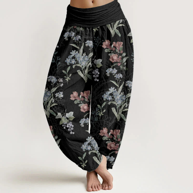 Buddha Stones Pure Cotton Red Blue Flowers Green Leaves Design Women's Elastic Waist Harem Pants