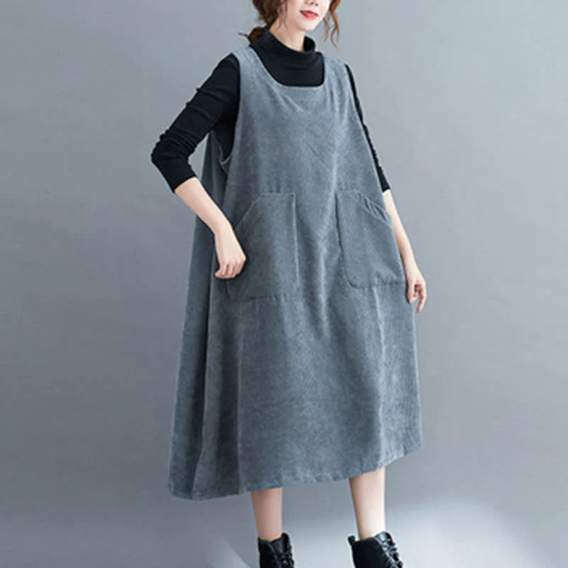 Buddha Stones Commute Crew Neck Women's Sleeveless Cotton Corduroy Midi Dress With Pockets