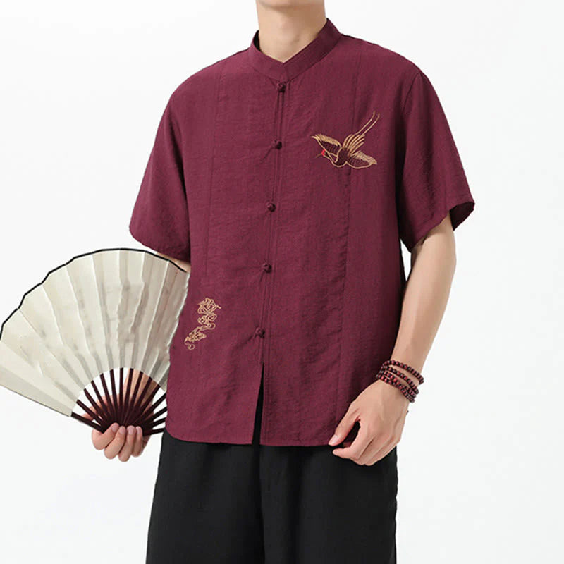 Buddha Stones Embroidery Buttons Half Sleeve Design Stand Collar Men's Cotton Shirt