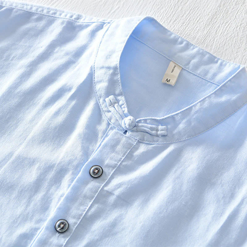 Buddha Stones Solid Color Half Button Design Stand Collar Men's Short Sleeve Cotton Linen Shirt