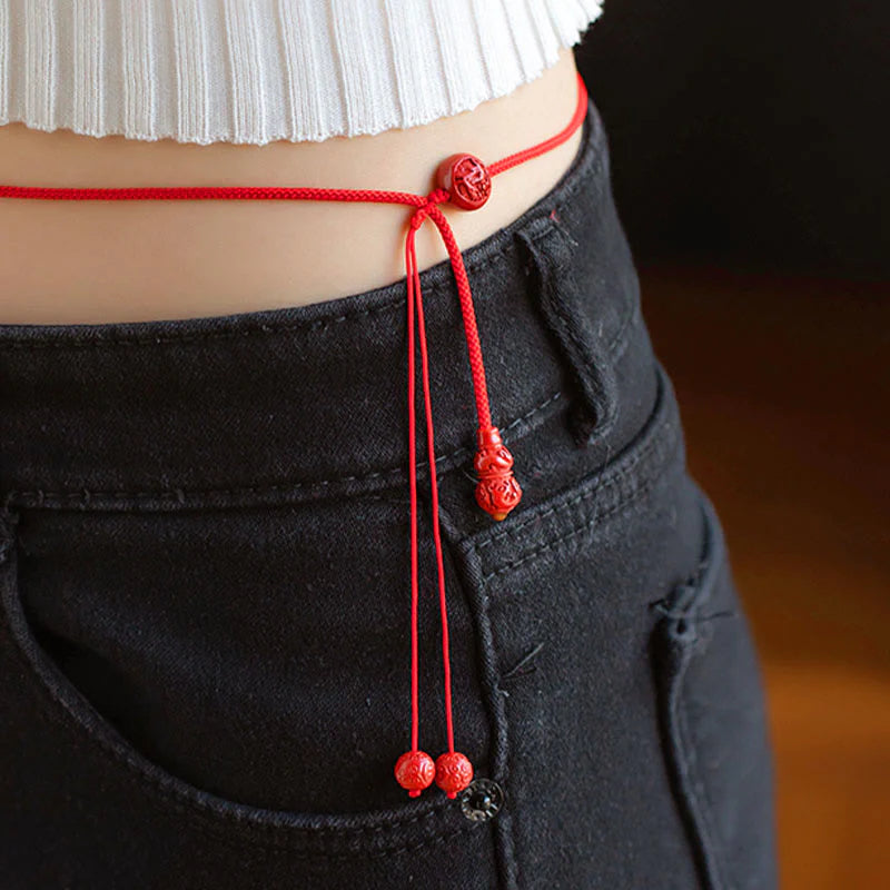 Buddha Stones Natural Cinnabar Chinese ZodiacÂ Gourd Calm Blessing Red String Belly Chain