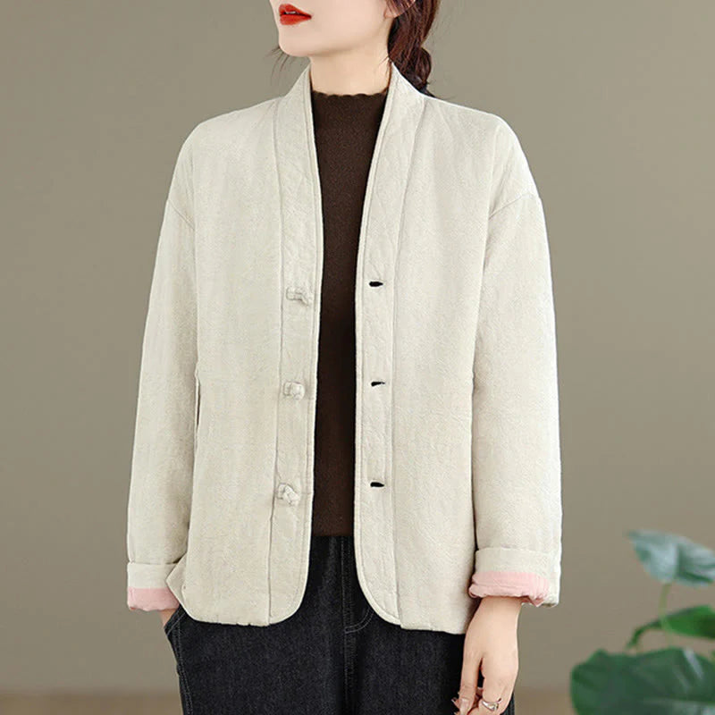Buddha Stones Winter V-Neck Jacquard Frog-Button Cotton Long Sleeve Women's Thermal Jacket With Pockets