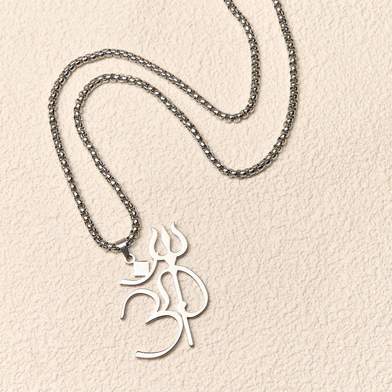 Buddha Stones Trident OM Symbol Stainless Steel Connection Necklace Pendant