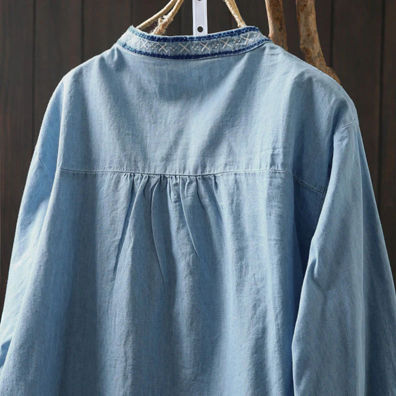 Buddha Stones Geometry Floral Embroidery Cotton Denim Half Buttons Long Sleeve Women's Shirt