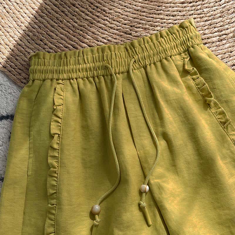 Buddha Stones Summer Drawstring Ruffle Elastic Waist Women's Shorts With Pockets