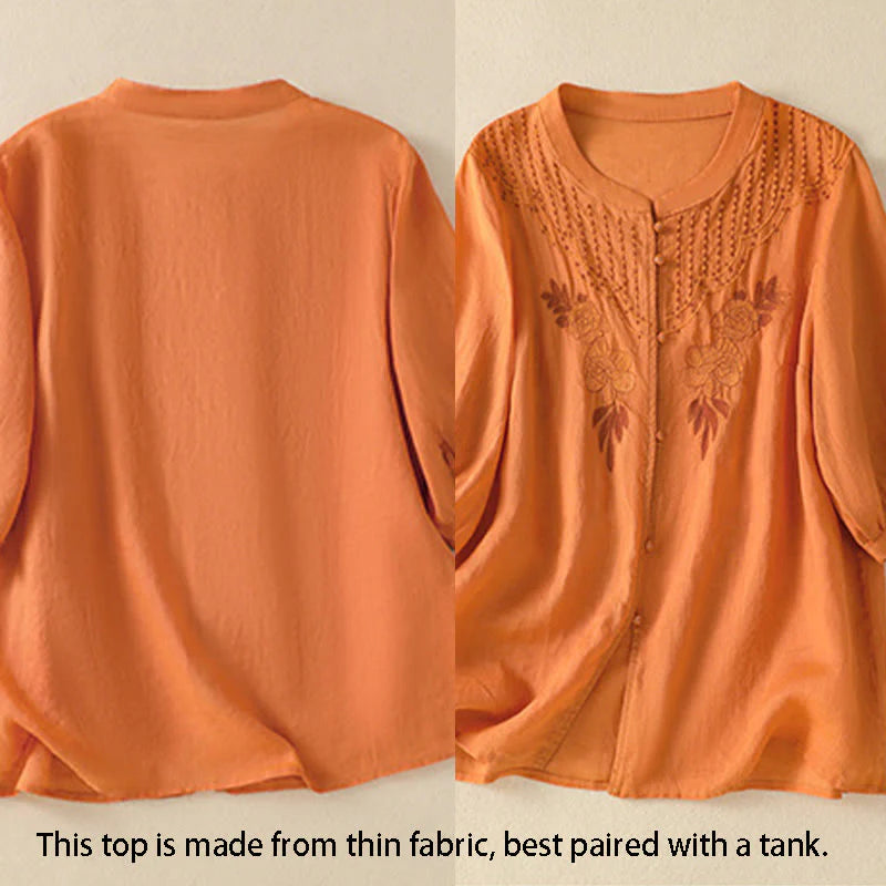 Buddha Stones Rose Floral Embroidery Button Half Sleeve Women's Cotton Shirt