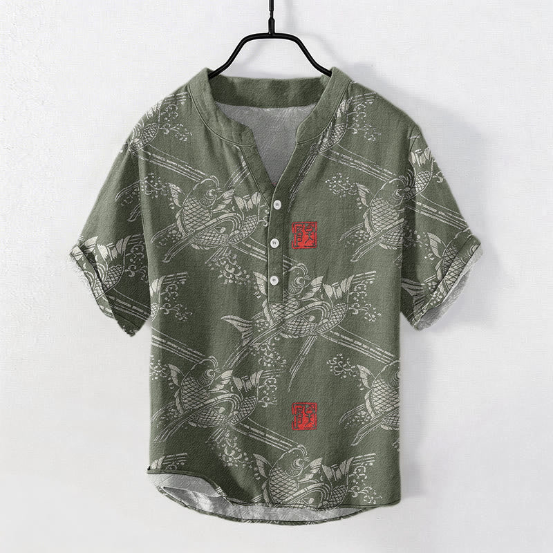 Buddha Stones Cotton Koi Fish Bamboo Pattern Men's Short Sleeve Half Button Shirt