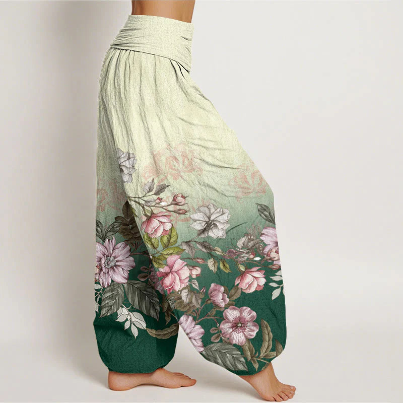 Buddha Stones Cotton Casual Gradient Petals Leaves Pattern Women's Elastic Waist Harem Pants