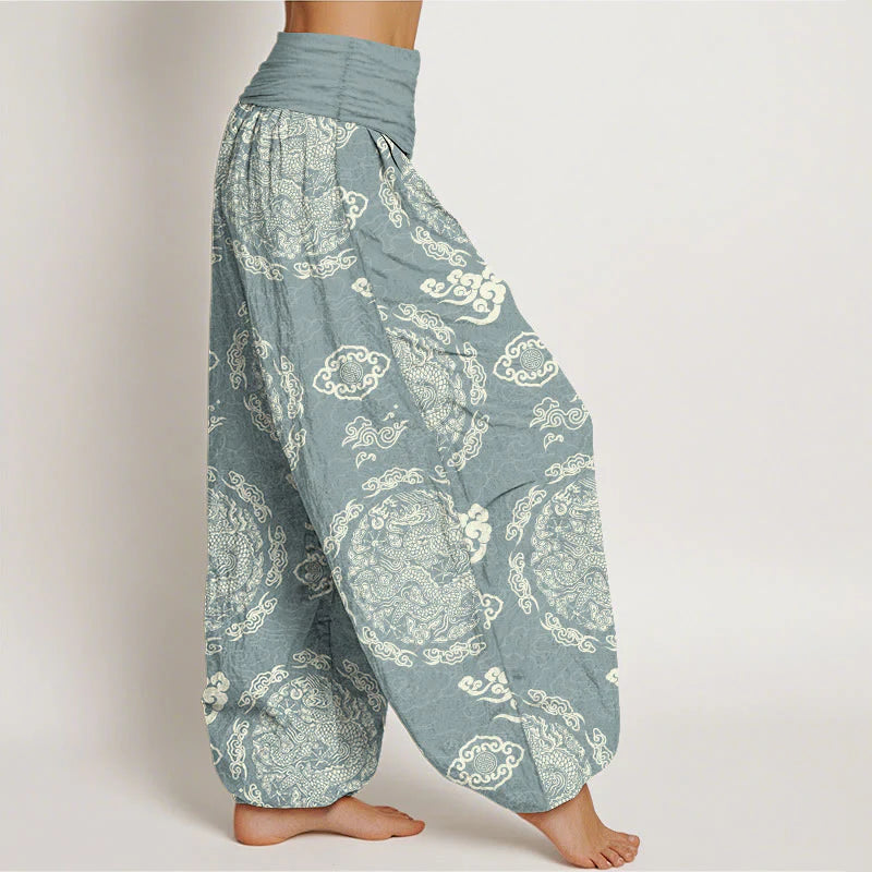 Buddha Stones Cotton Light Color Dragon Cloud Pattern Women's Elastic Waist Harem Pants