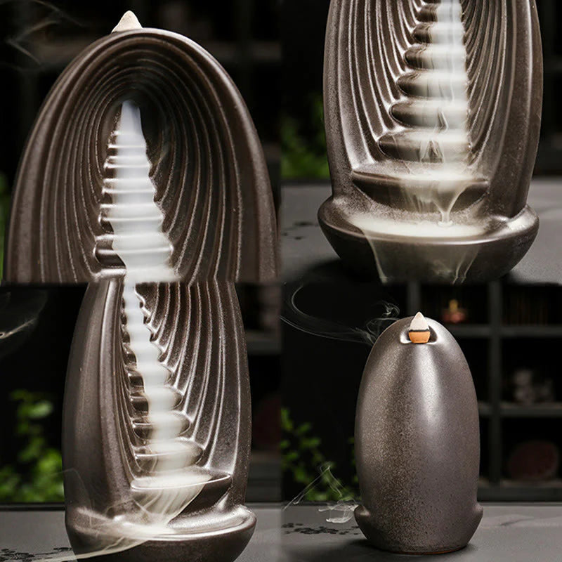 Buddha Stones Stairs Mountains Water Buddha Hand Ceramic Backflow Smoke Fountain Meditation Incense Burner Decoration